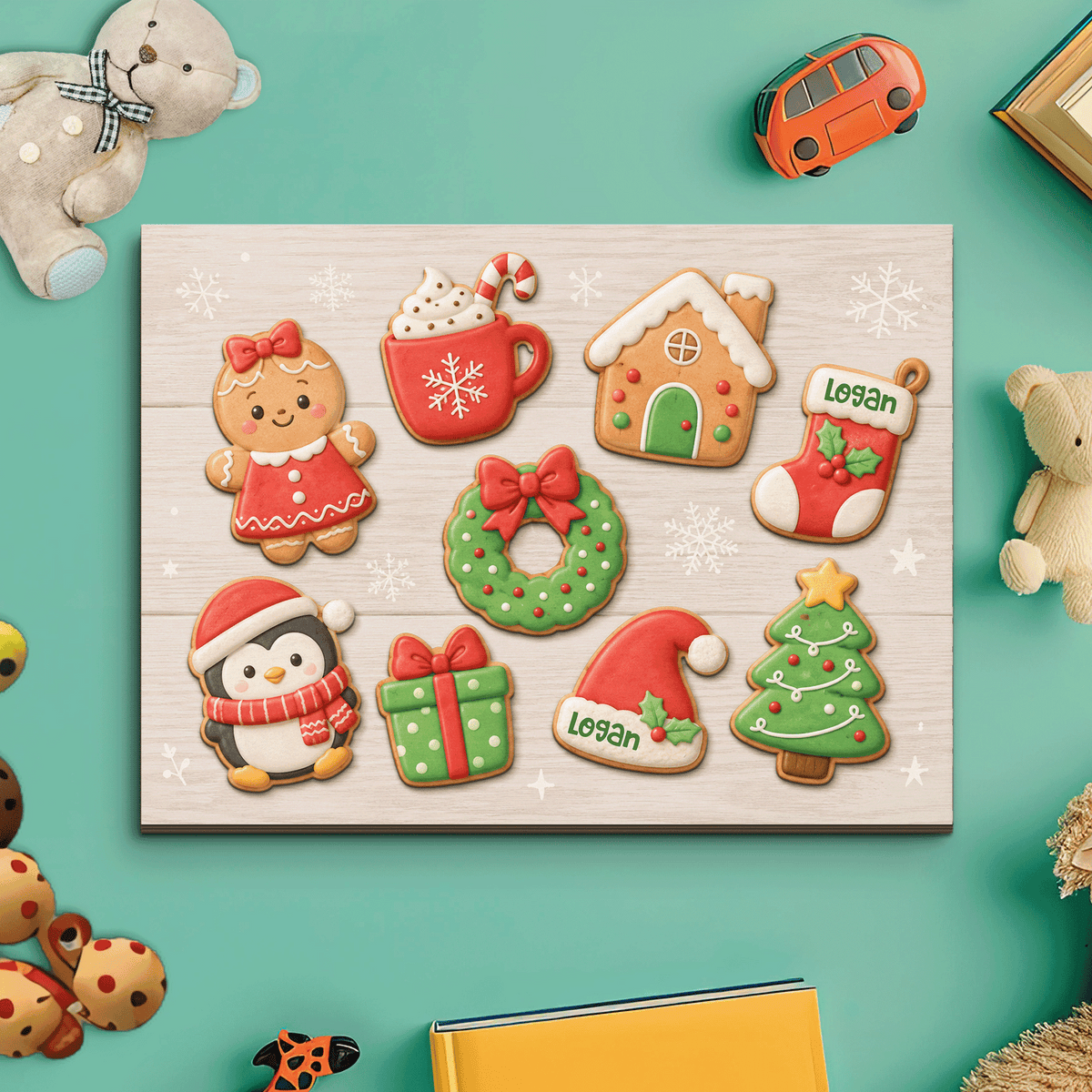Personalized Christmas gingerbread cookie large wooden puzzle board with name stocking and Santa hat pieces