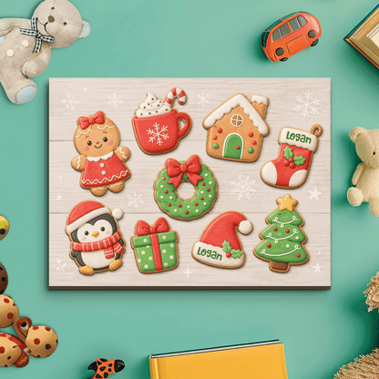 Personalized Christmas gingerbread cookie large wooden puzzle board with name stocking and Santa hat pieces