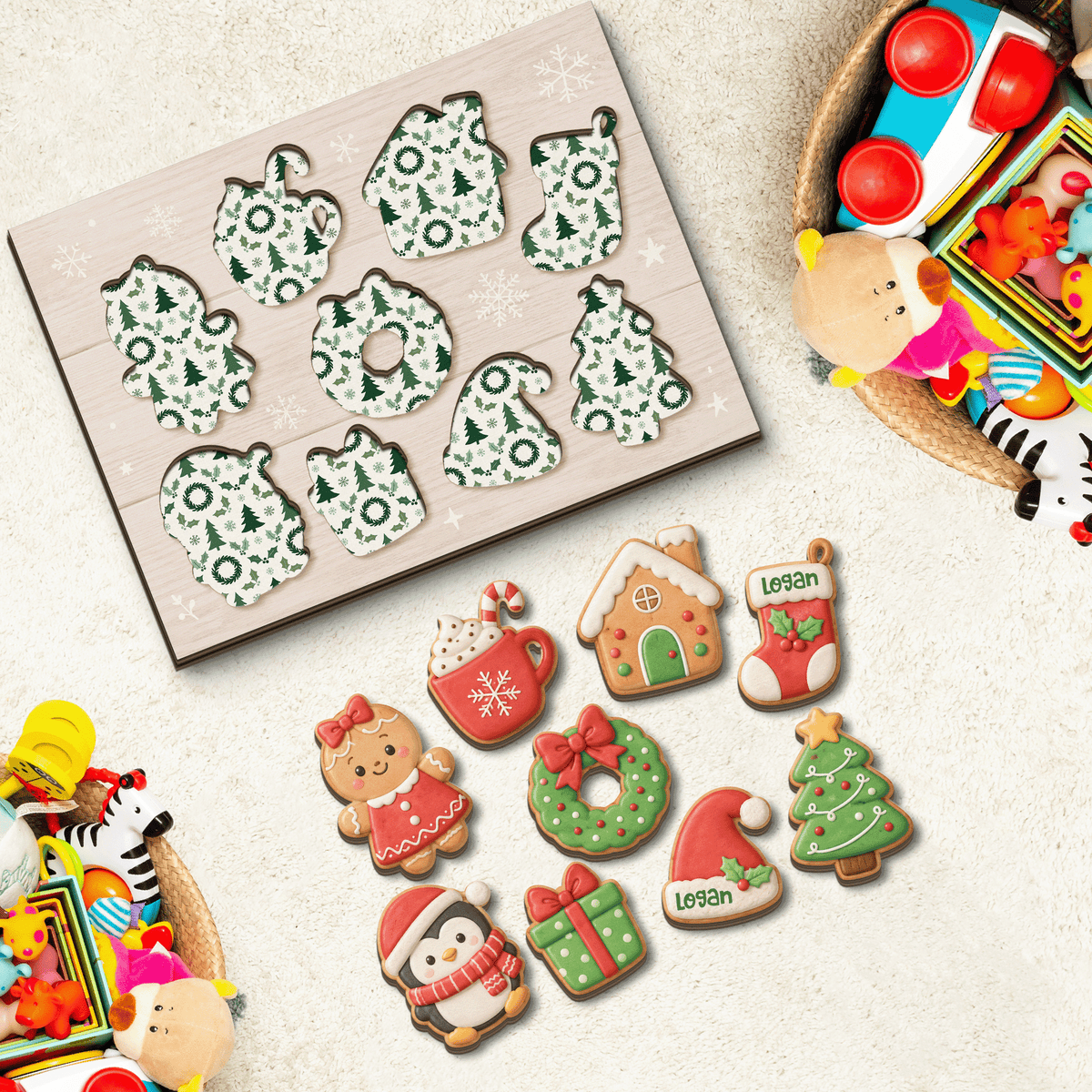 Personalized Christmas gingerbread cookie wooden puzzle board with pieces removed showing patterned slots