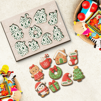 Personalized Christmas gingerbread cookie wooden puzzle board with pieces removed showing patterned slots