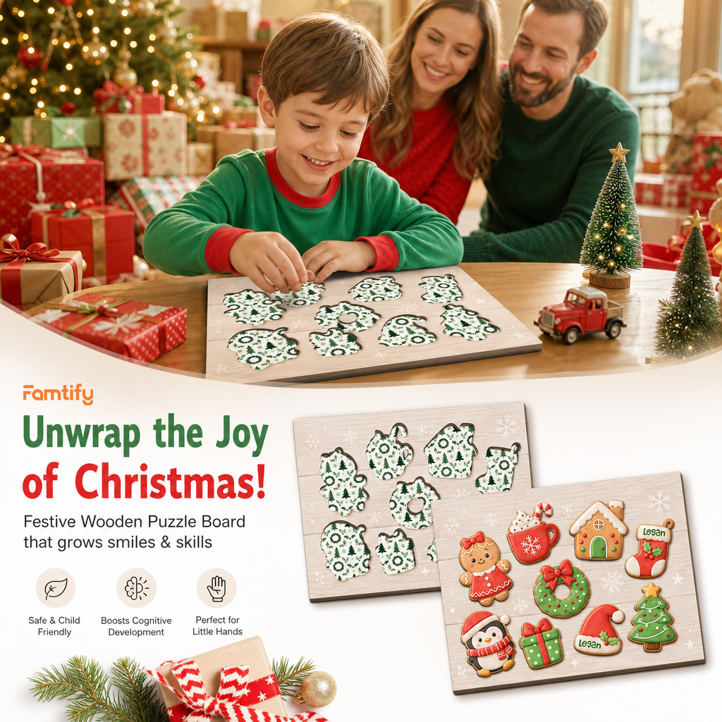 Personalized Christmas gingerbread cookie large wooden puzzle board for kids