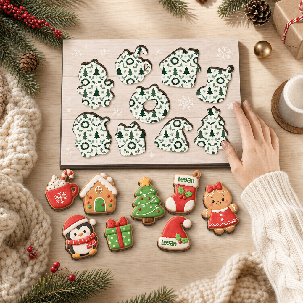 Personalized Christmas gingerbread cookie large wooden puzzle board for kids