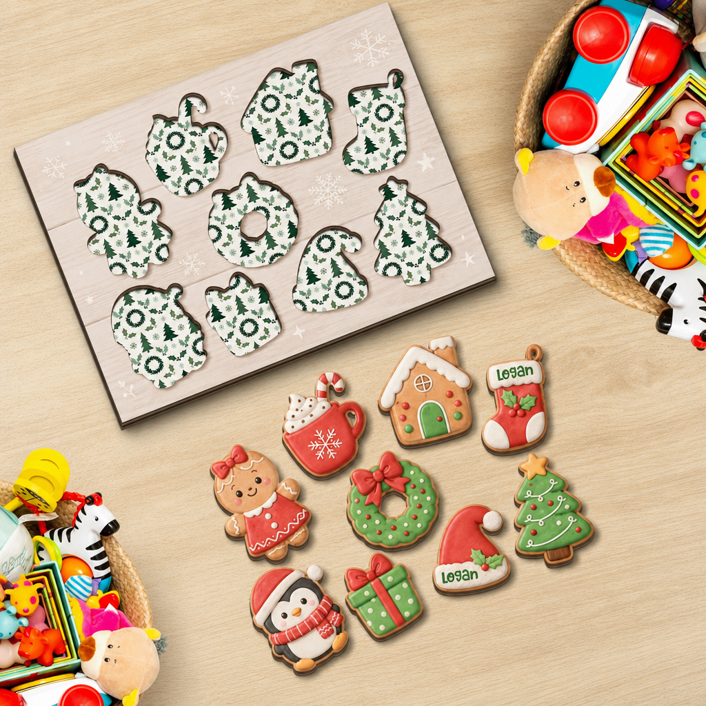 Personalized Christmas gingerbread cookie large wooden puzzle board for kids