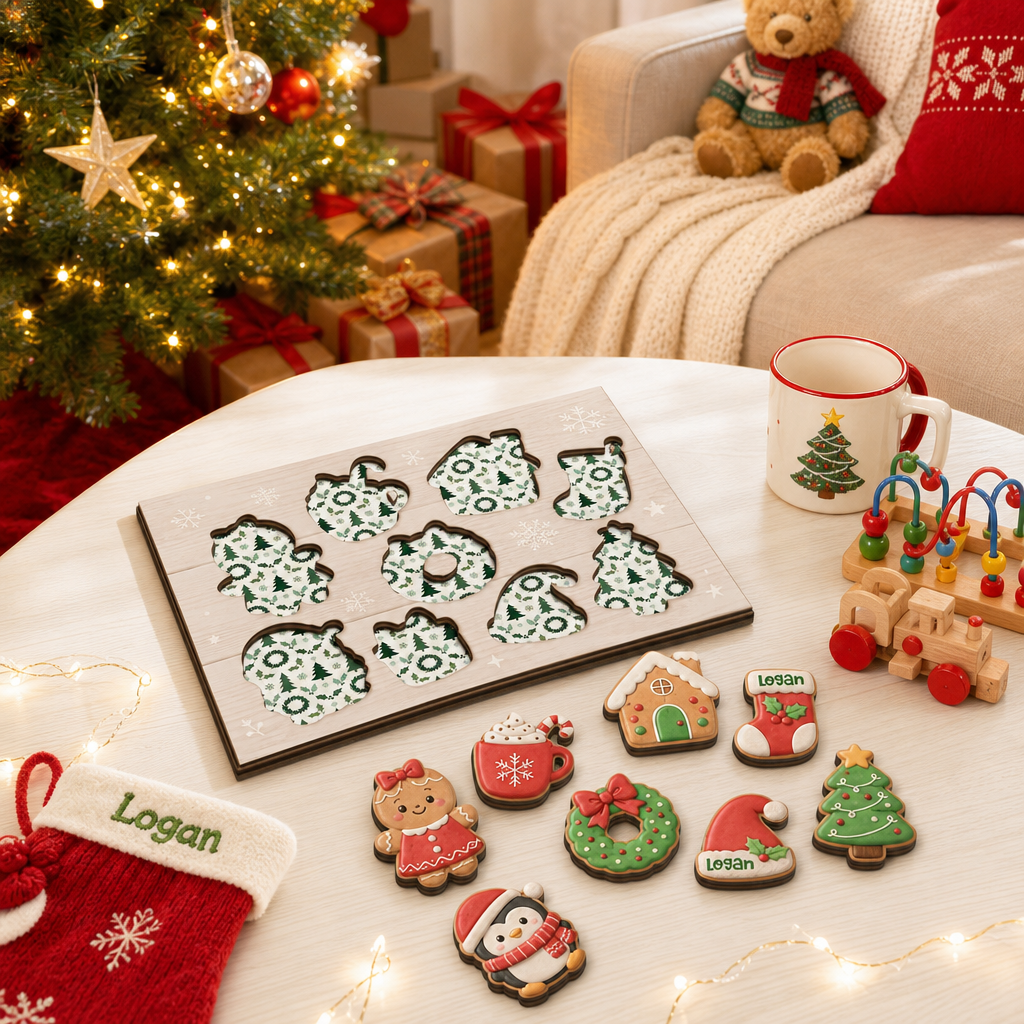 Personalized Christmas gingerbread cookie large wooden puzzle board for kids
