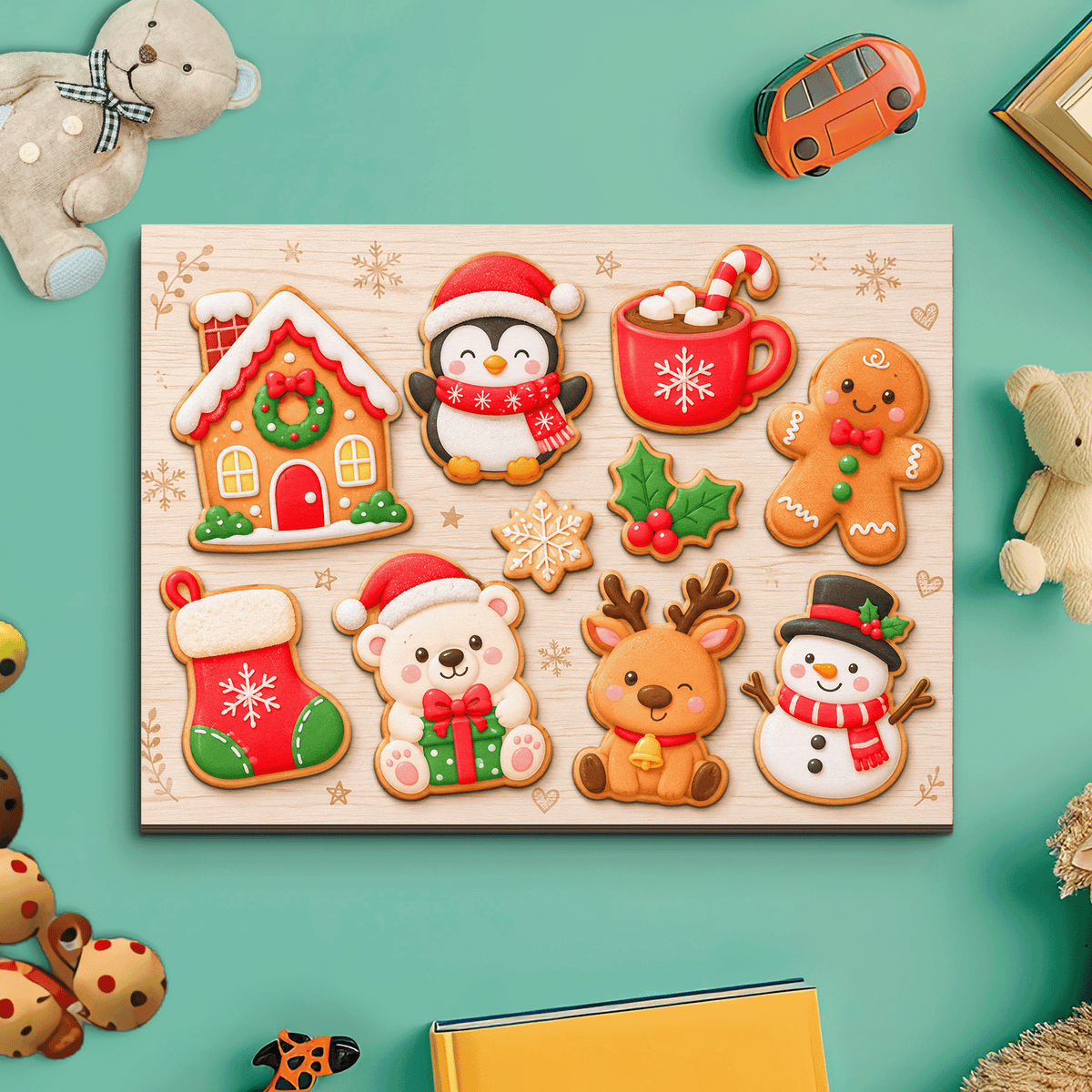 Christmas cookie friends large wooden puzzle board with gingerbread house, penguin, polar bear and reindeer pieces