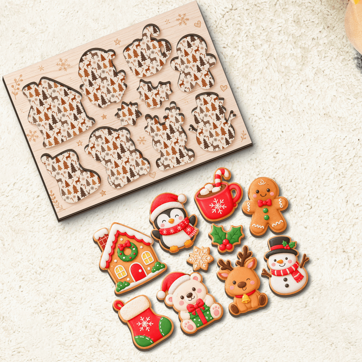 Christmas cookie friends wooden puzzle board with pieces removed showing patterned slots