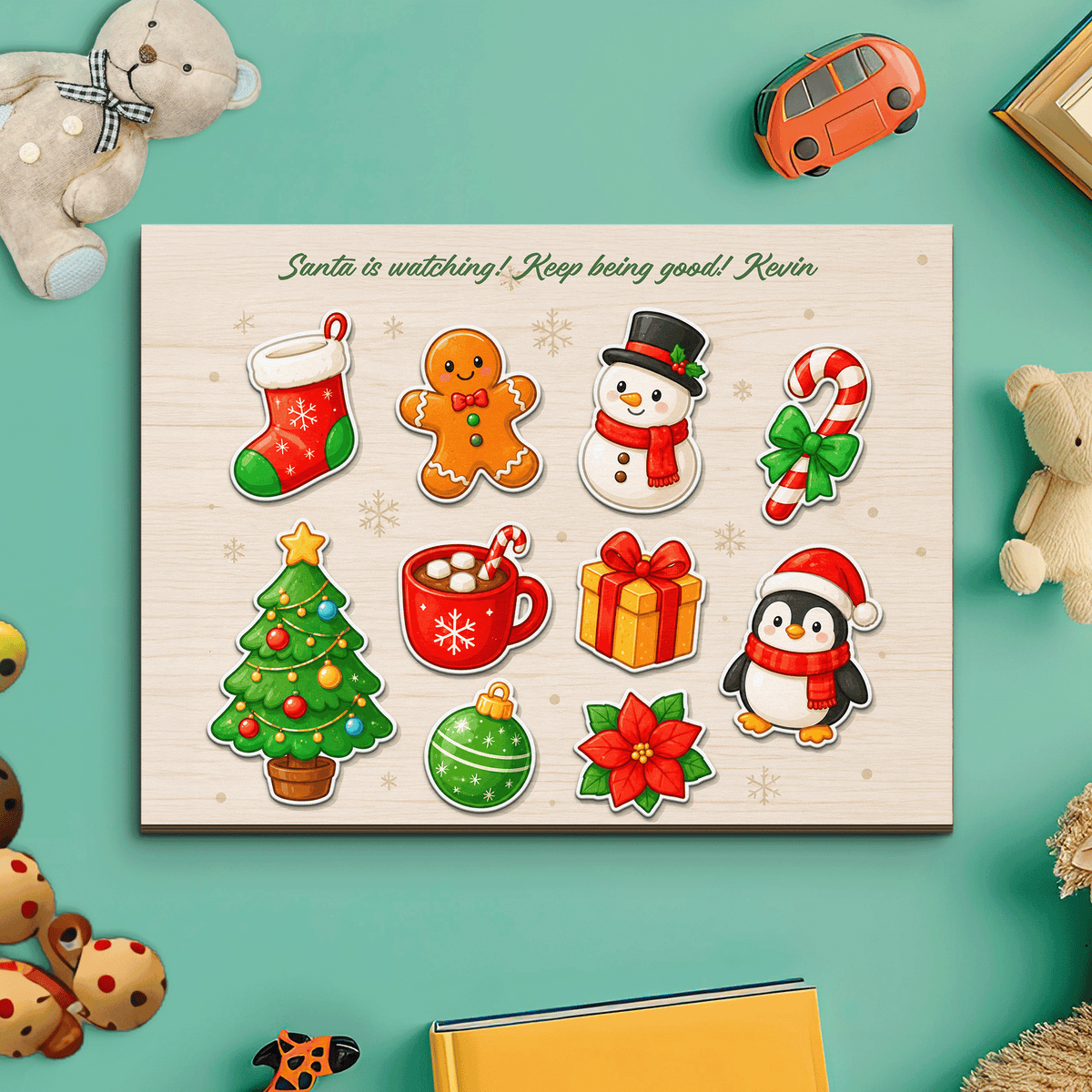 Personalized Santa is watching name large wooden puzzle board with stocking, snowman, tree and penguin pieces