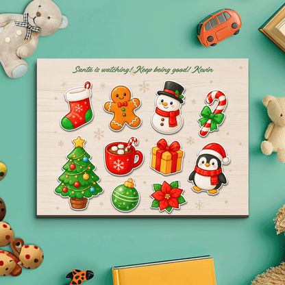 Personalized Santa is watching name large wooden puzzle board with stocking, snowman, tree and penguin pieces
