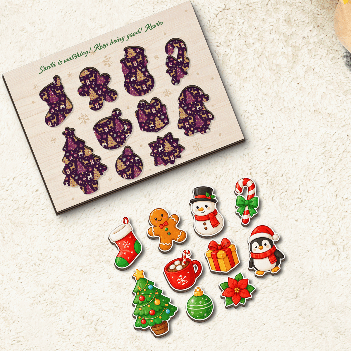 Personalized Santa is watching wooden puzzle board with pieces removed showing patterned slots