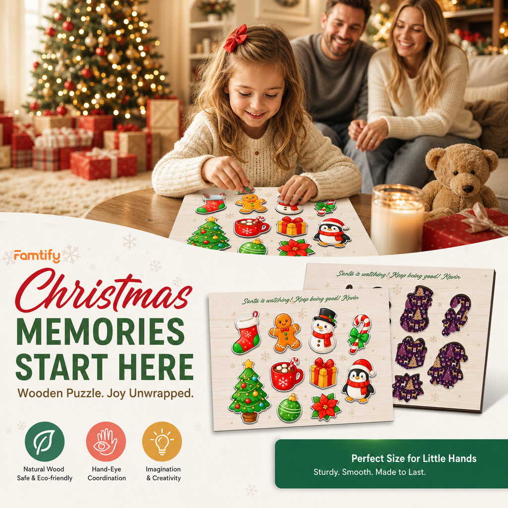 Personalized Santa is watching name large wooden puzzle board for kids