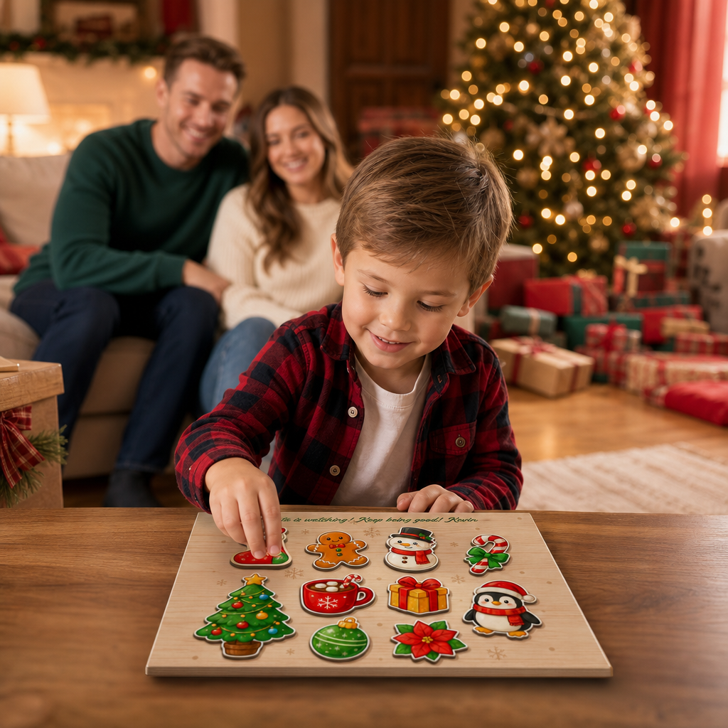 Personalized Santa is watching name large wooden puzzle board for kids
