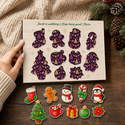 Personalized Santa is watching name large wooden puzzle board for kids
