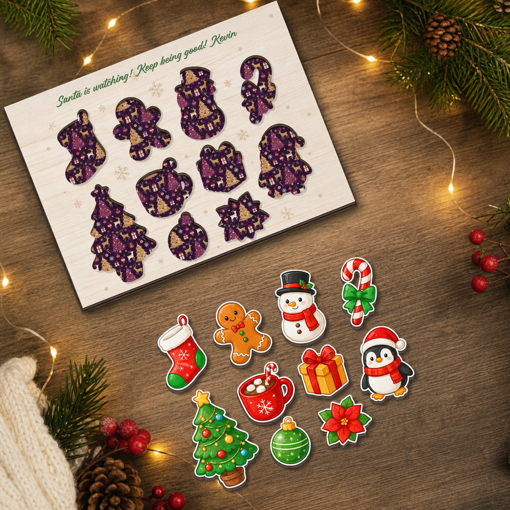 Personalized Santa is watching name large wooden puzzle board for kids