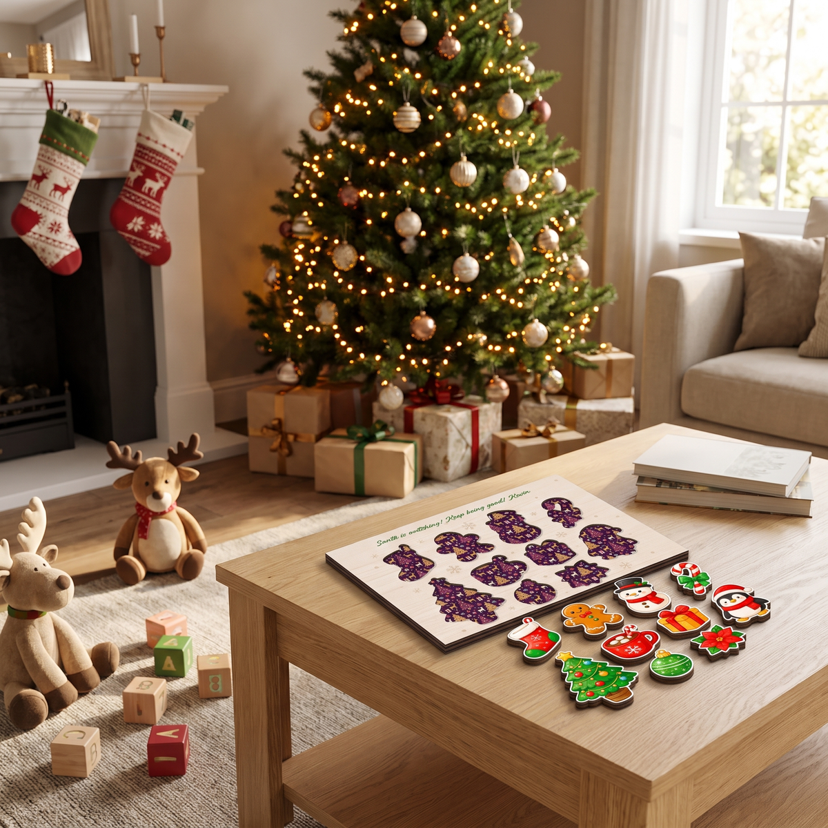 Personalized Santa is watching name large wooden puzzle board for kids