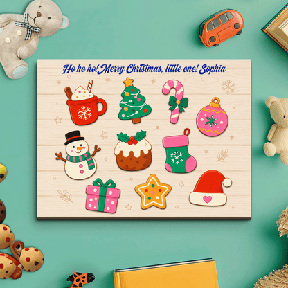Personalized Ho Ho Ho little one name large wooden puzzle board with cocoa, tree, snowman and stocking pieces