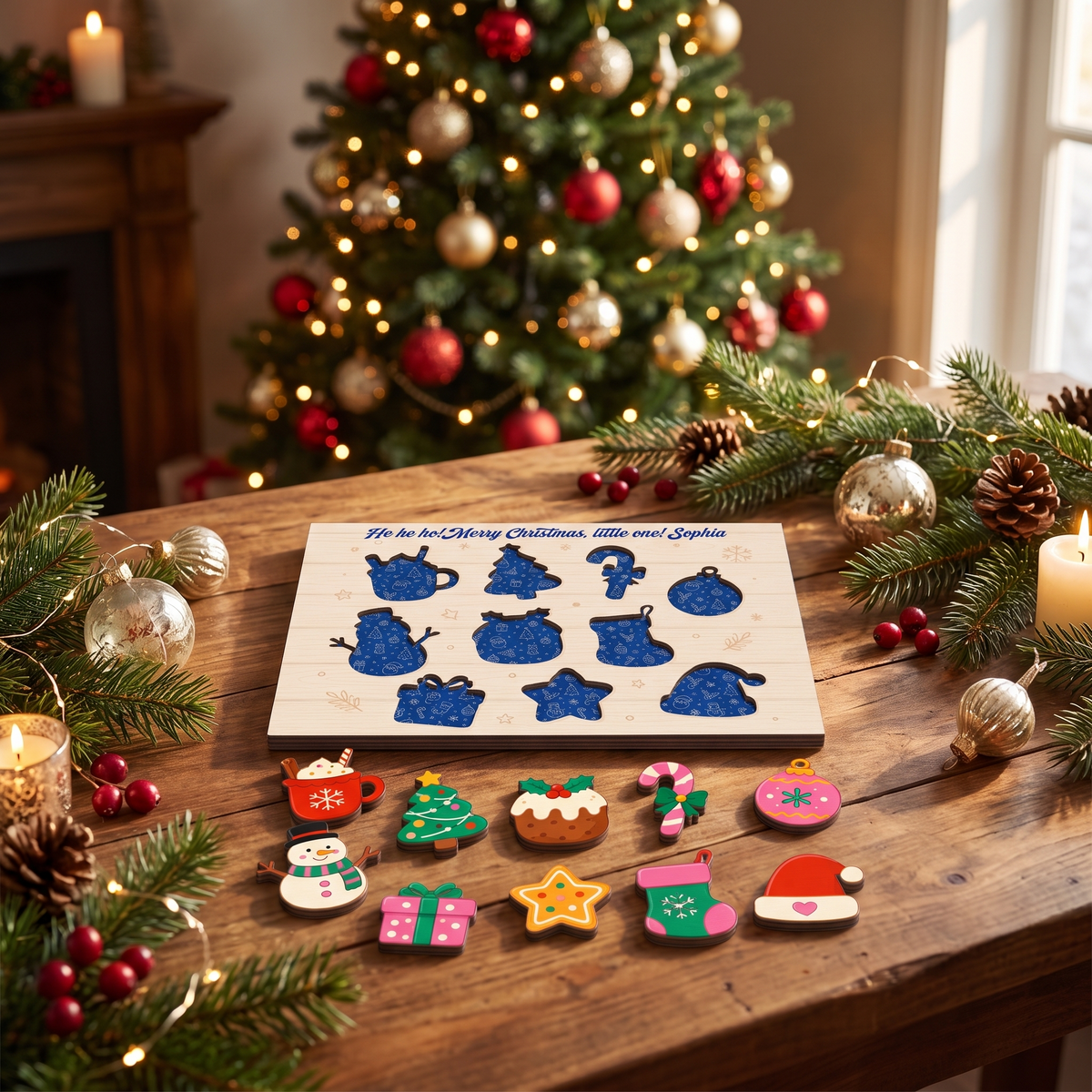 Personalized Ho Ho Ho little one name large wooden puzzle board for kids