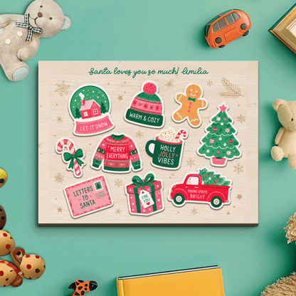 Personalized Santa loves you name large wooden puzzle board with snow globe, sweater, cocoa mug and truck pieces