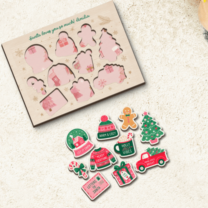 Personalized Santa loves you wooden puzzle board with pieces removed showing patterned slots