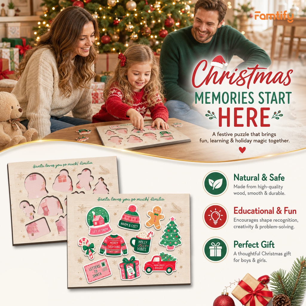 Personalized Santa loves you name large wooden puzzle board for kids