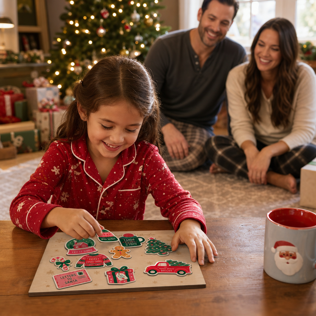 Personalized Santa loves you name large wooden puzzle board for kids