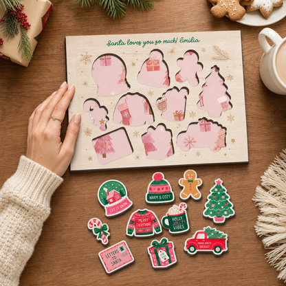 Personalized Santa loves you name large wooden puzzle board for kids
