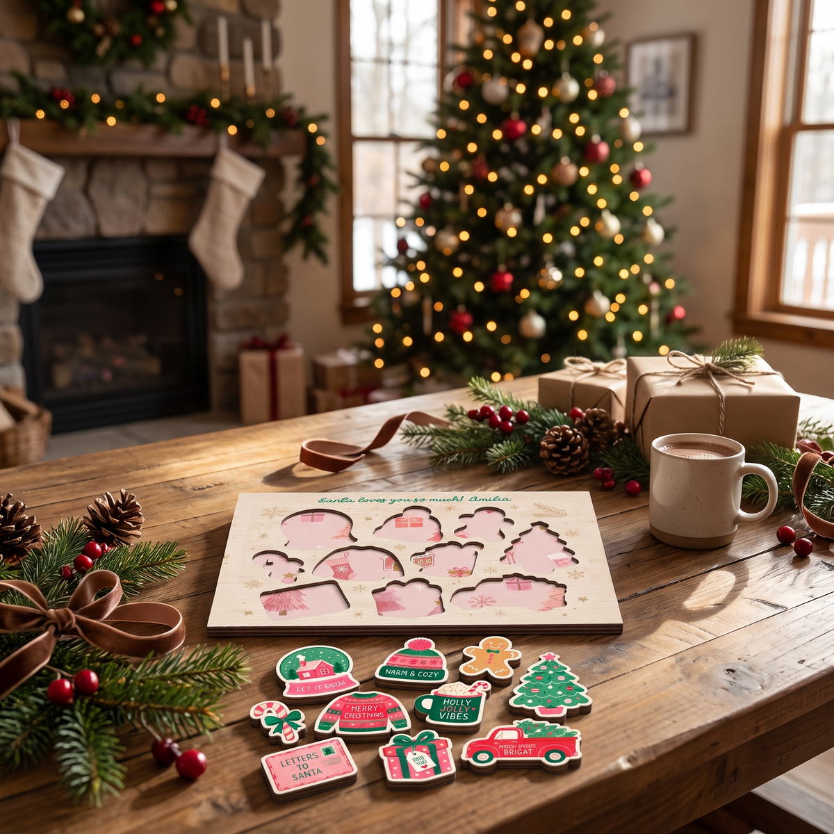 Personalized Santa loves you name large wooden puzzle board for kids