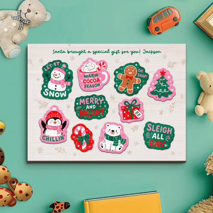 Personalized Santa brought a gift name large wooden puzzle board with snowman, cocoa, penguin and badge pieces