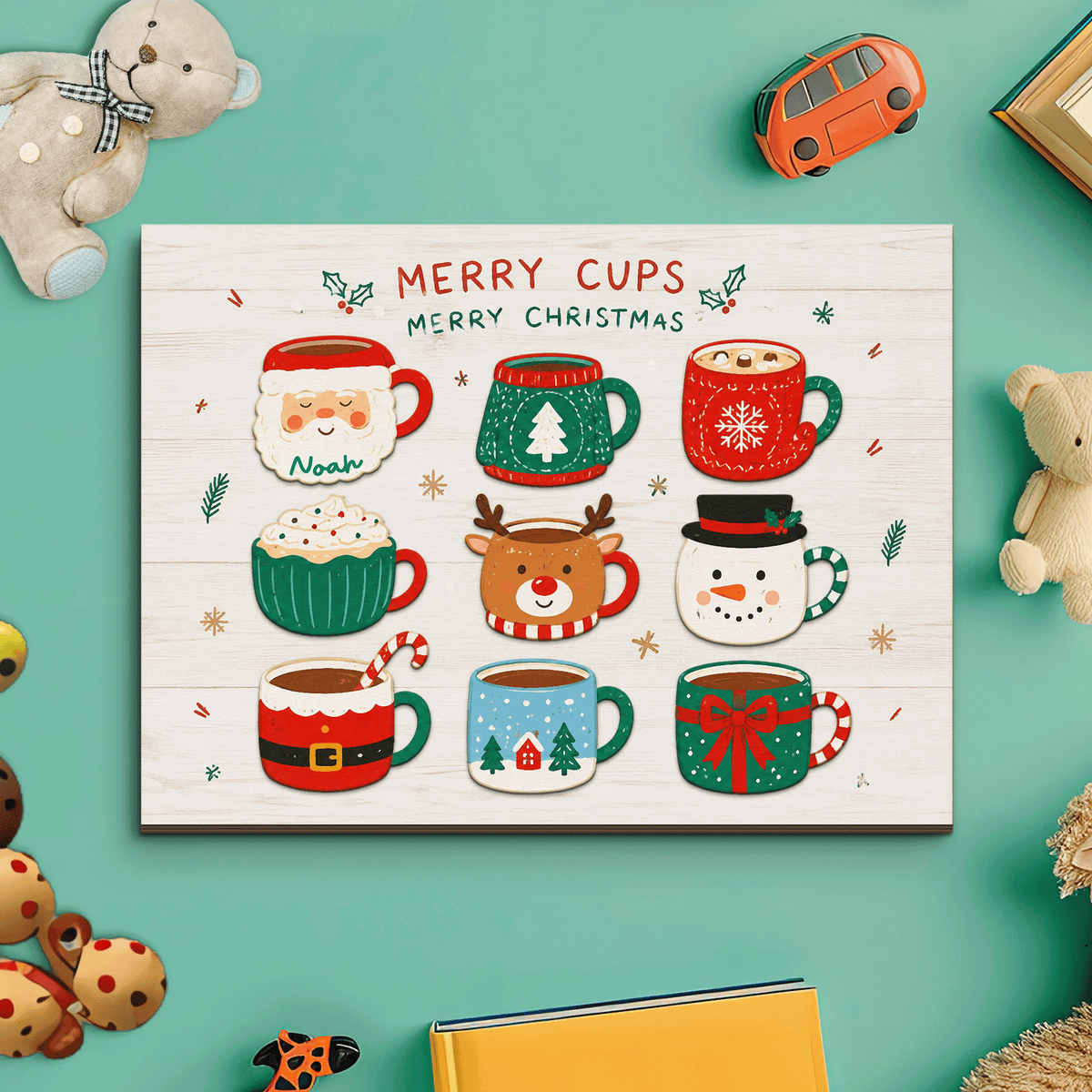 Personalized Merry Cups Christmas mug name large wooden puzzle board with nine holiday mug pieces