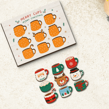 Personalized Merry Cups Christmas wooden puzzle board with mug pieces removed showing patterned slots
