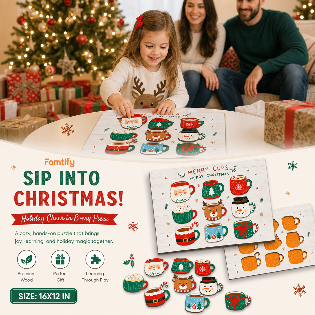 Personalized Merry Cups Christmas mug name large wooden puzzle board for kids