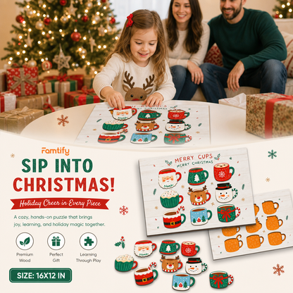 Personalized Merry Cups Christmas mug name large wooden puzzle board for kids