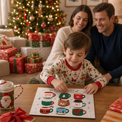 Personalized Merry Cups Christmas mug name large wooden puzzle board for kids