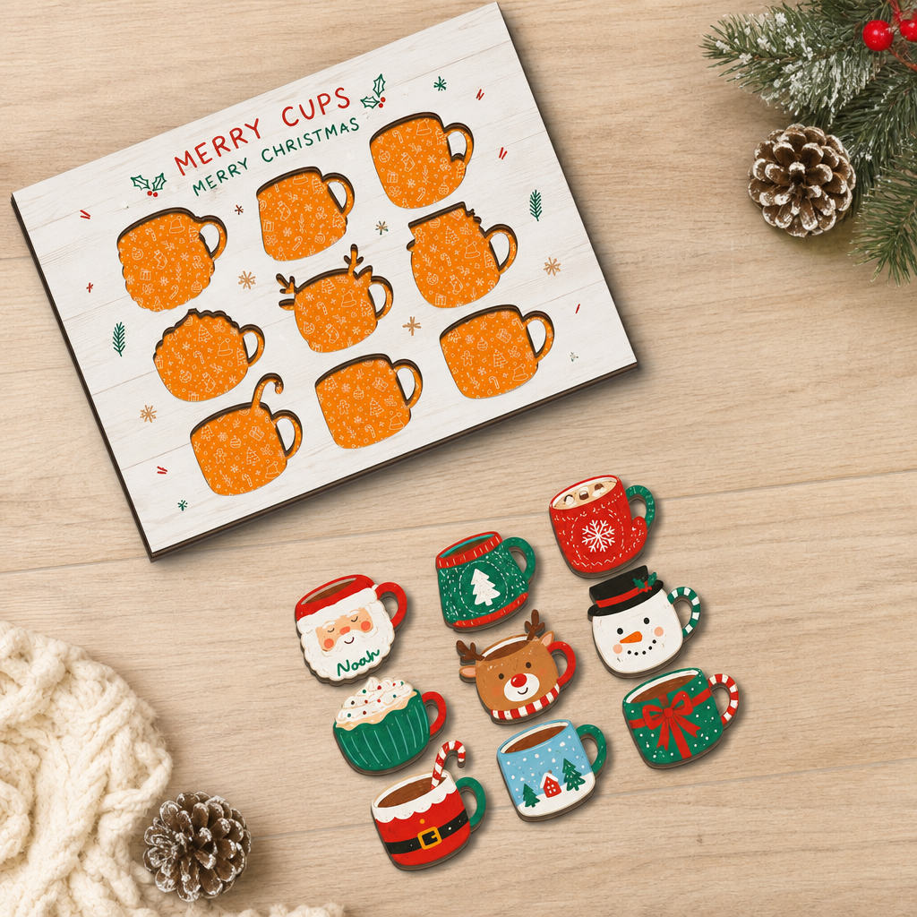 Personalized Merry Cups Christmas mug name large wooden puzzle board for kids