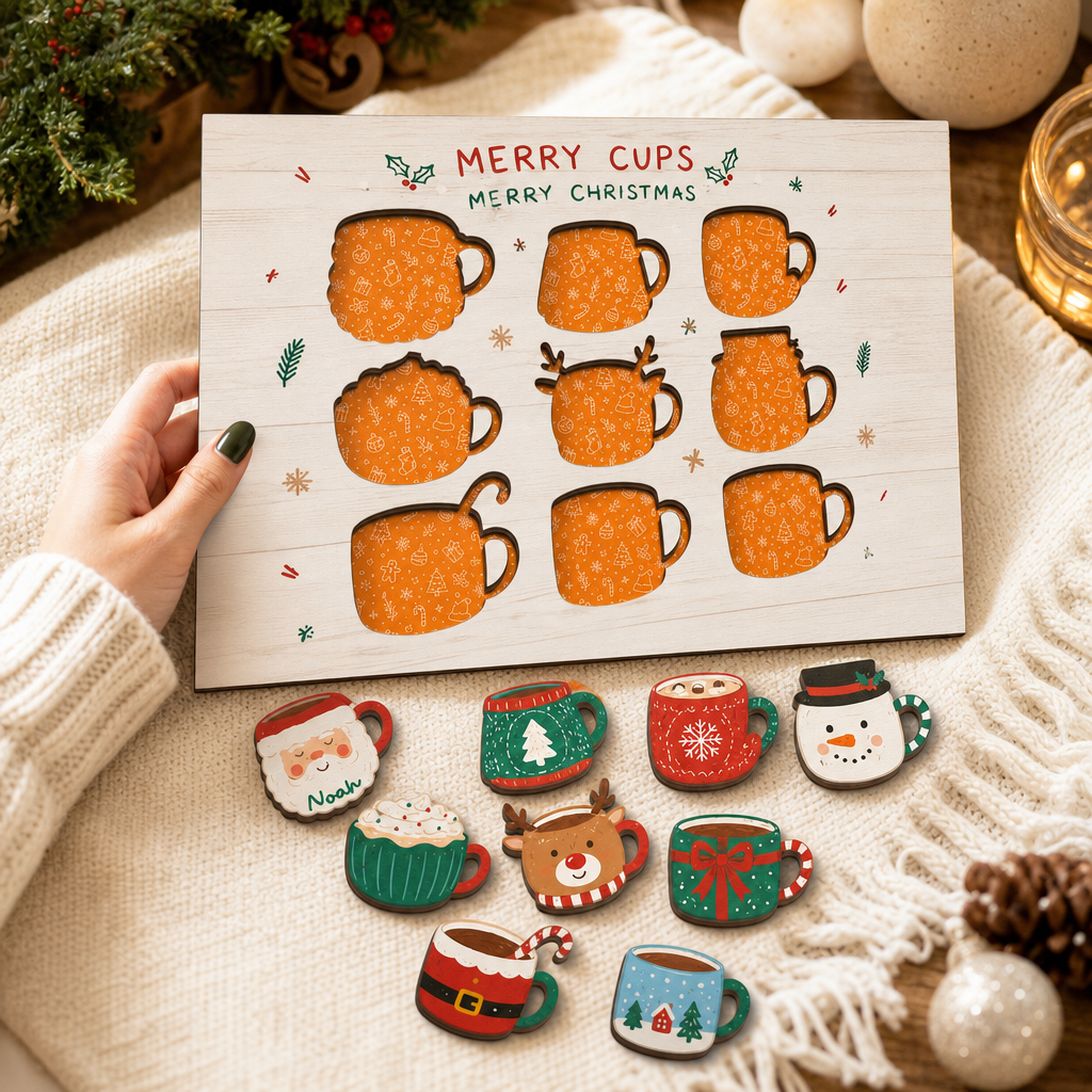 Personalized Merry Cups Christmas mug name large wooden puzzle board for kids