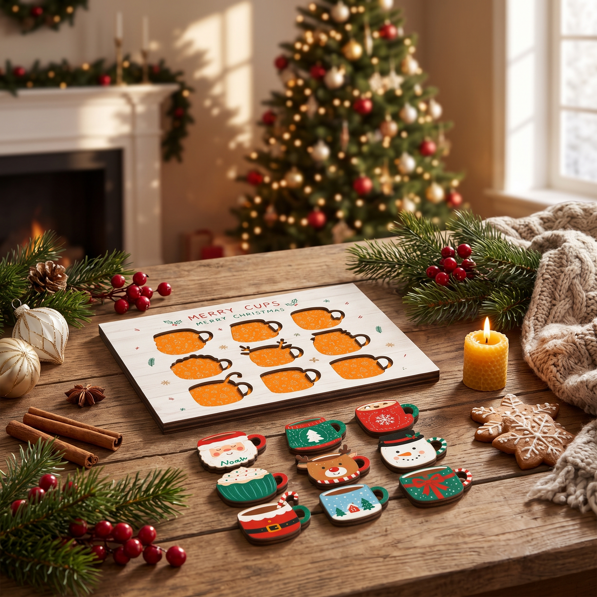 Personalized Merry Cups Christmas mug name large wooden puzzle board for kids
