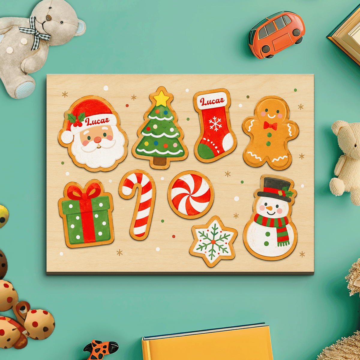 Personalized Christmas Santa cookie name large wooden puzzle board with Santa, tree, stocking and snowman pieces