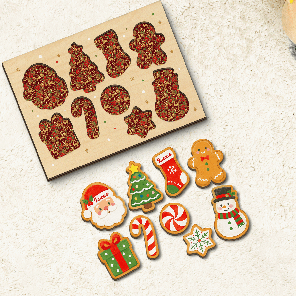 Personalized Christmas Santa cookie wooden puzzle board with pieces removed showing patterned slots