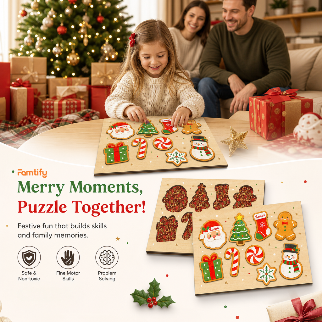 Personalized Christmas Santa cookie name large wooden puzzle board for kids