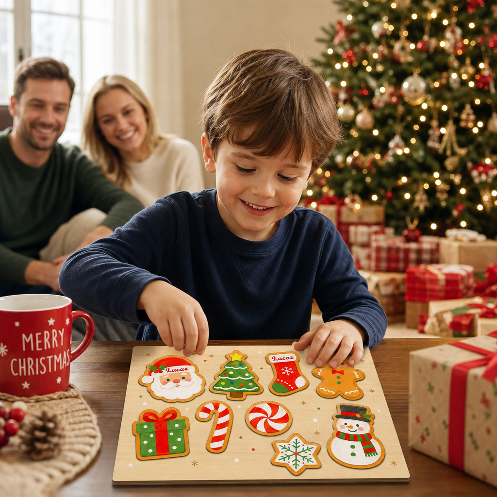 Personalized Christmas Santa cookie name large wooden puzzle board for kids