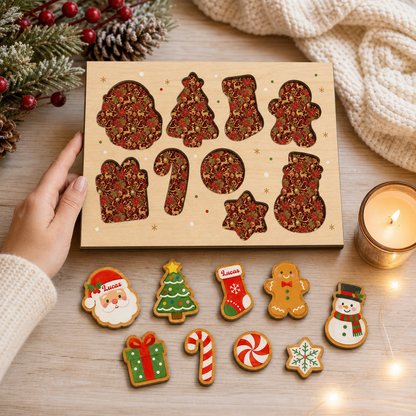 Personalized Christmas Santa cookie name large wooden puzzle board for kids