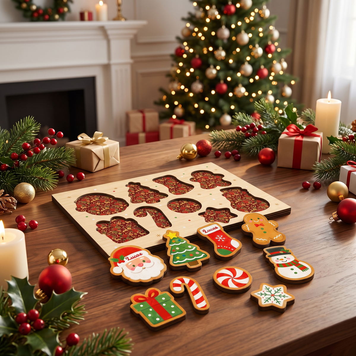 Personalized Christmas Santa cookie name large wooden puzzle board for kids