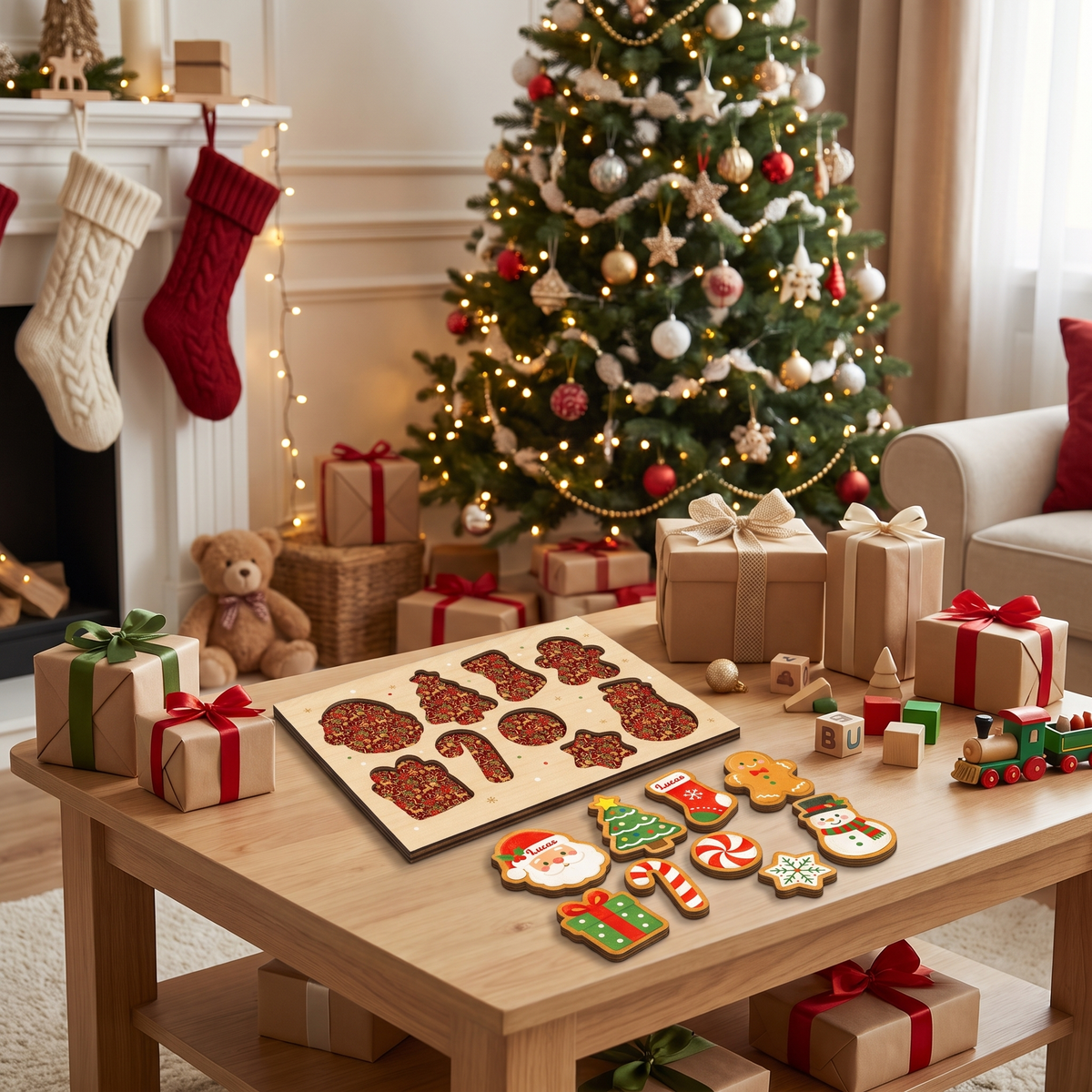 Personalized Christmas Santa cookie name large wooden puzzle board for kids