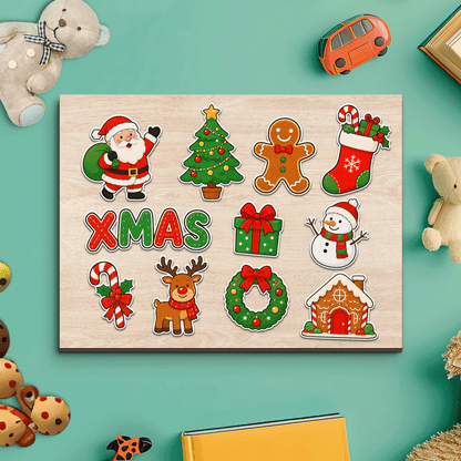 Christmas XMAS Santa and friends large wooden puzzle board with Santa, tree, reindeer and wreath pieces