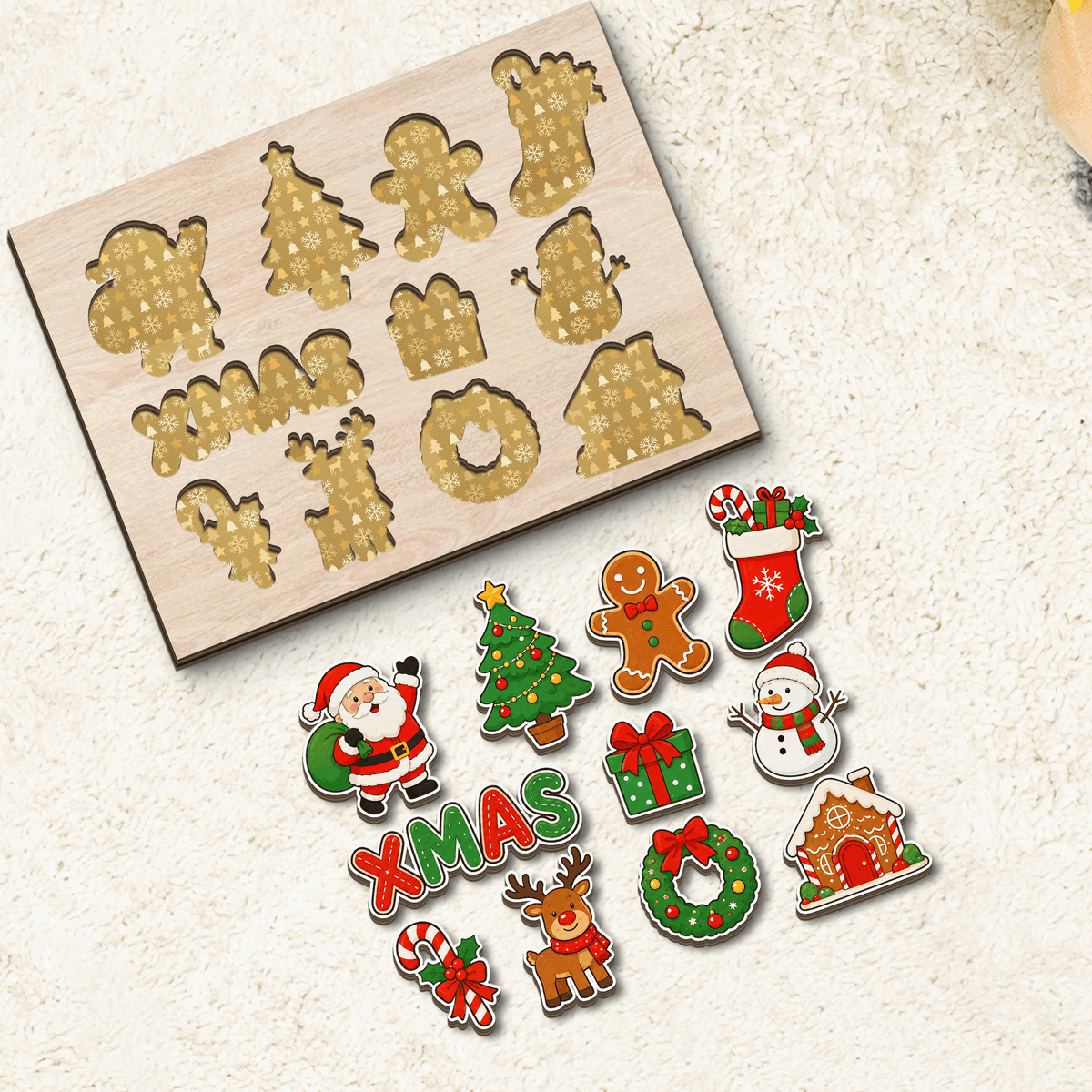 Christmas XMAS Santa wooden puzzle board with pieces removed showing patterned slots