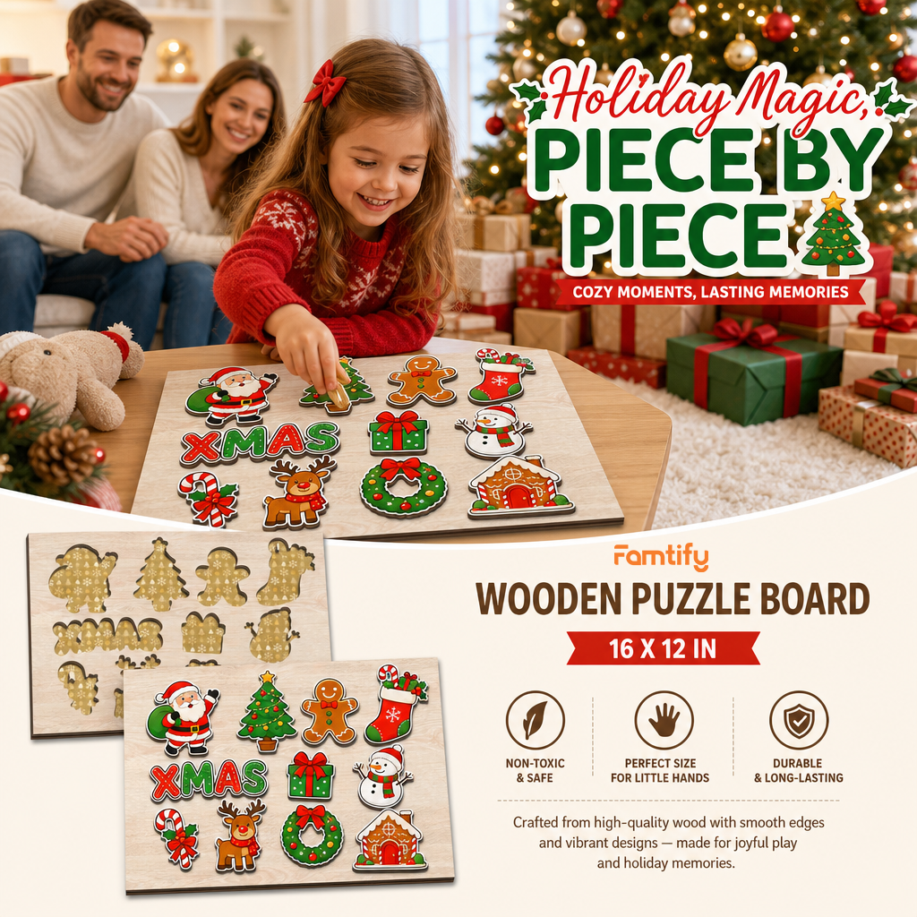 Christmas XMAS Santa and friends large wooden puzzle board for kids