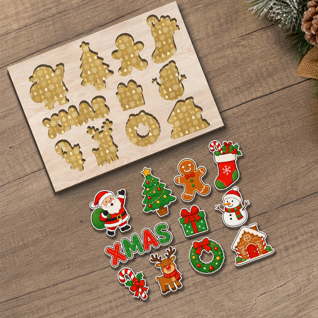 Christmas XMAS Santa and friends large wooden puzzle board for kids