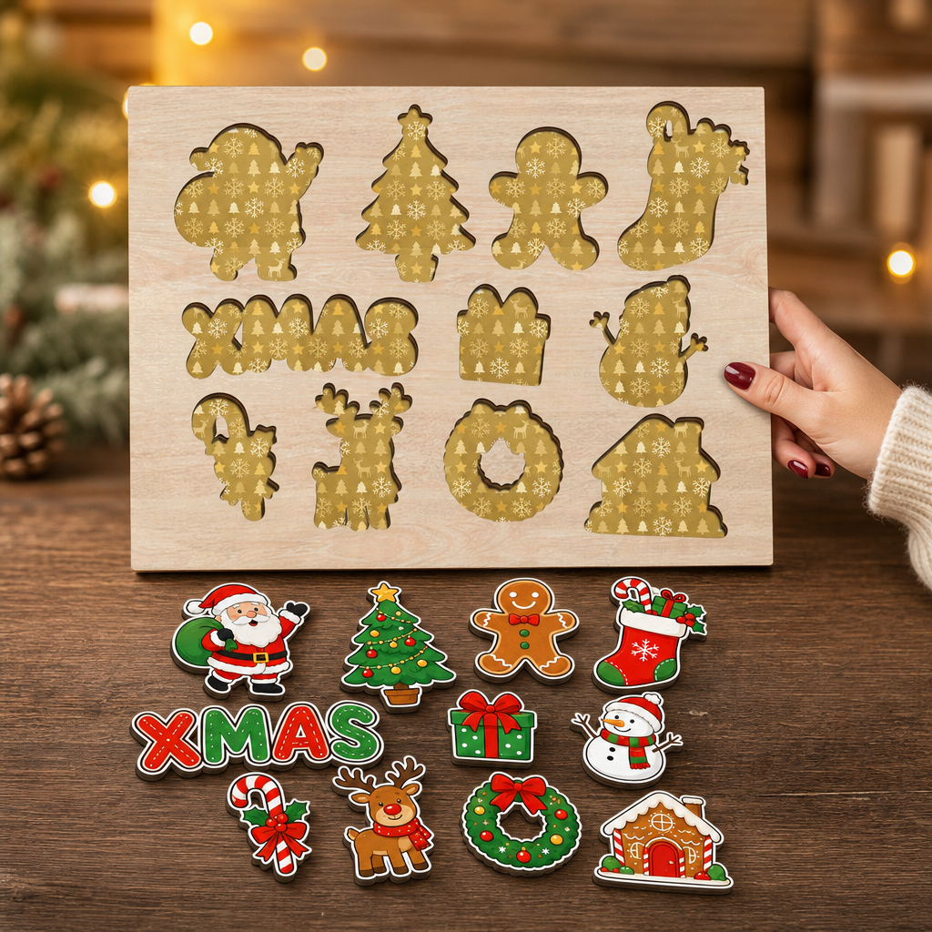 Christmas XMAS Santa and friends large wooden puzzle board for kids