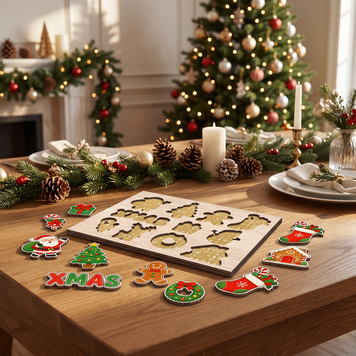 Christmas XMAS Santa and friends large wooden puzzle board for kids
