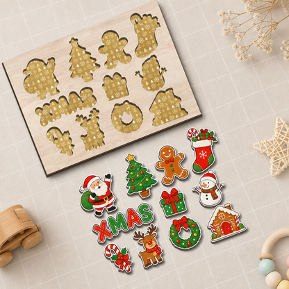 Christmas XMAS Santa and friends large wooden puzzle board for kids