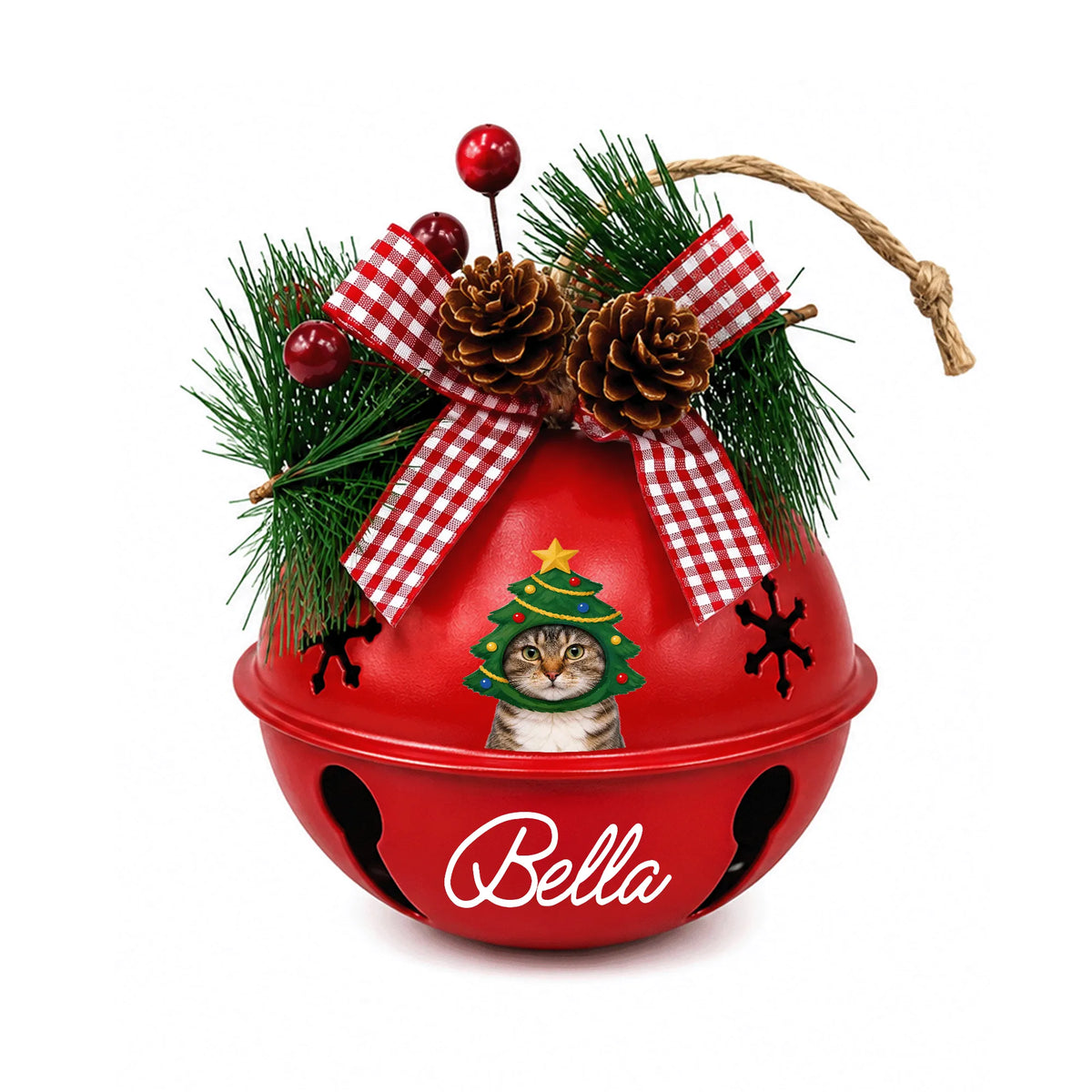 Custom photo Christmas tree cat jingle bell ornament with pet photo and name